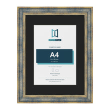 Cassis Blue 16 x 12 inch picture frame with a black mount for an A4 photo