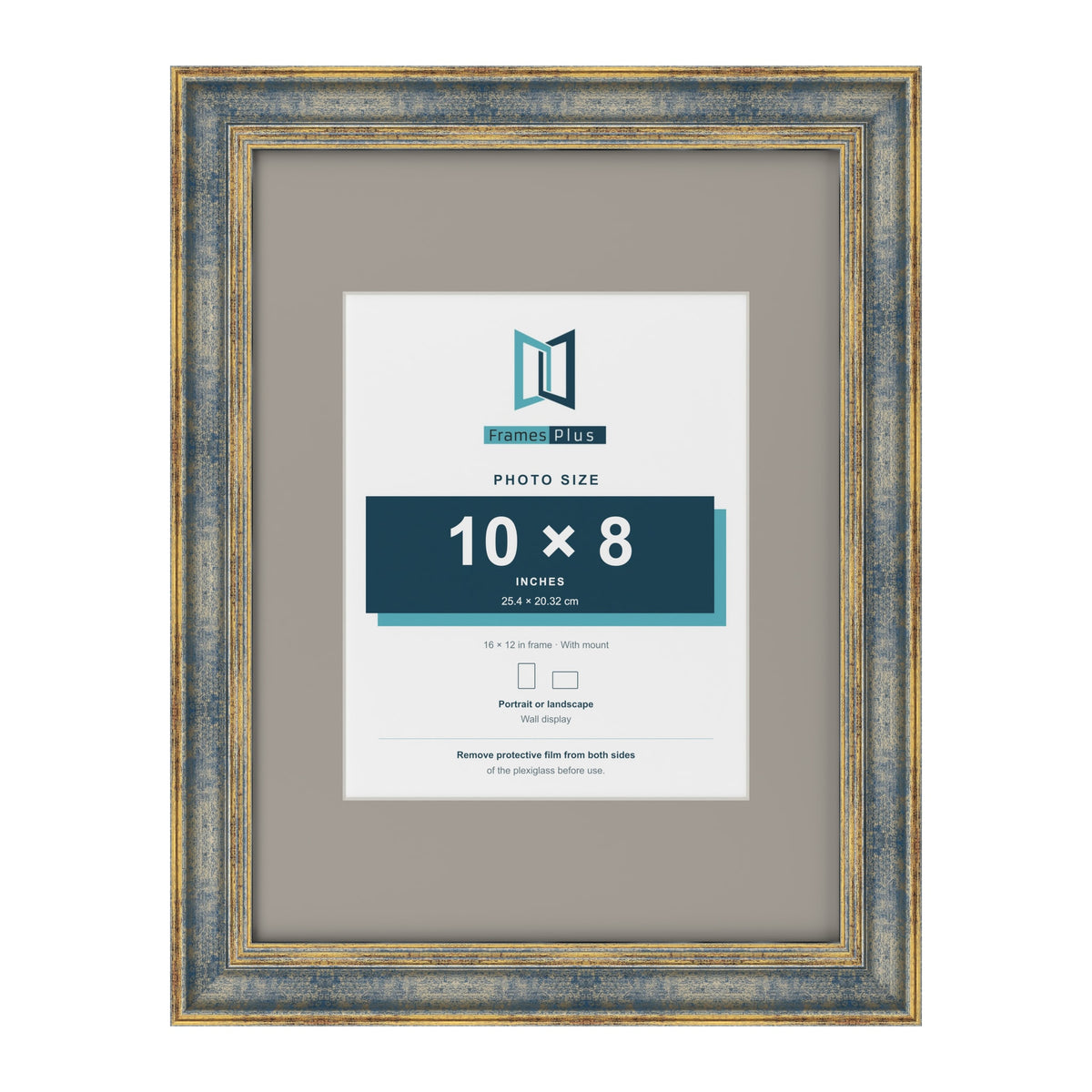 Cassis Blue 16 x 12 inch picture frame with a dawn grey mount for a 10 x 8 inch photo