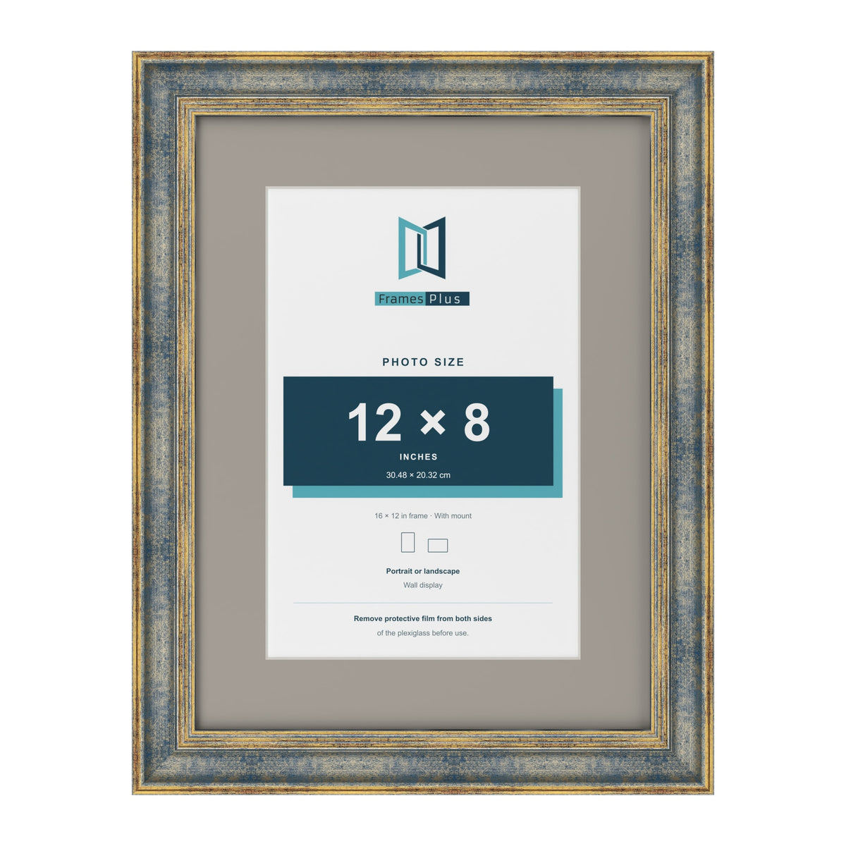 Cassis Blue 16 x 12 inch picture frame with a dawn grey mount for a 12 x 8 inch photo