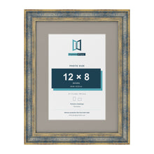 Cassis Blue 16 x 12 inch picture frame with a dawn grey mount for a 12 x 8 inch photo