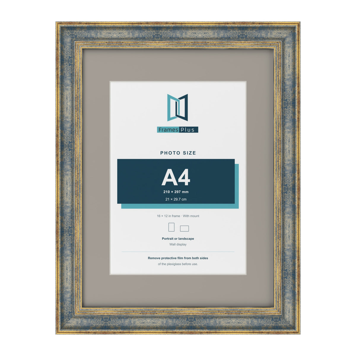 Cassis Blue 16 x 12 inch picture frame with a dawn grey mount for an A4 photo