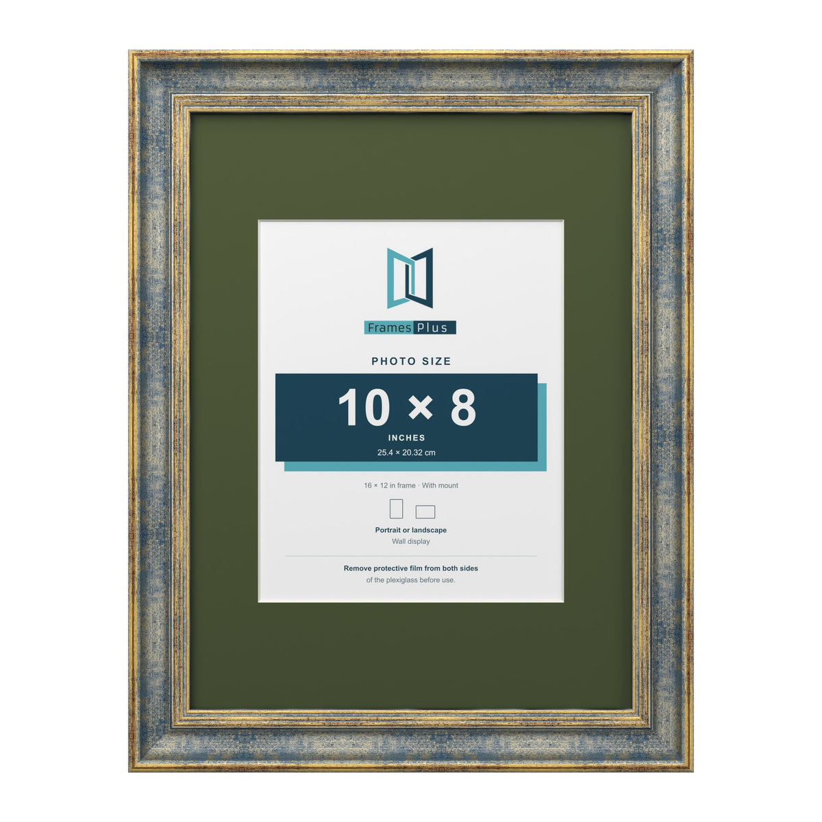 Cassis Blue 16 x 12 inch picture frame with a green mount for a 10 x 8 inch photo