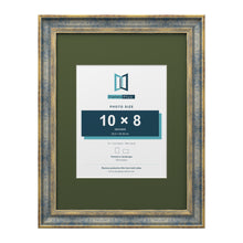 Cassis Blue 16 x 12 inch picture frame with a green mount for a 10 x 8 inch photo