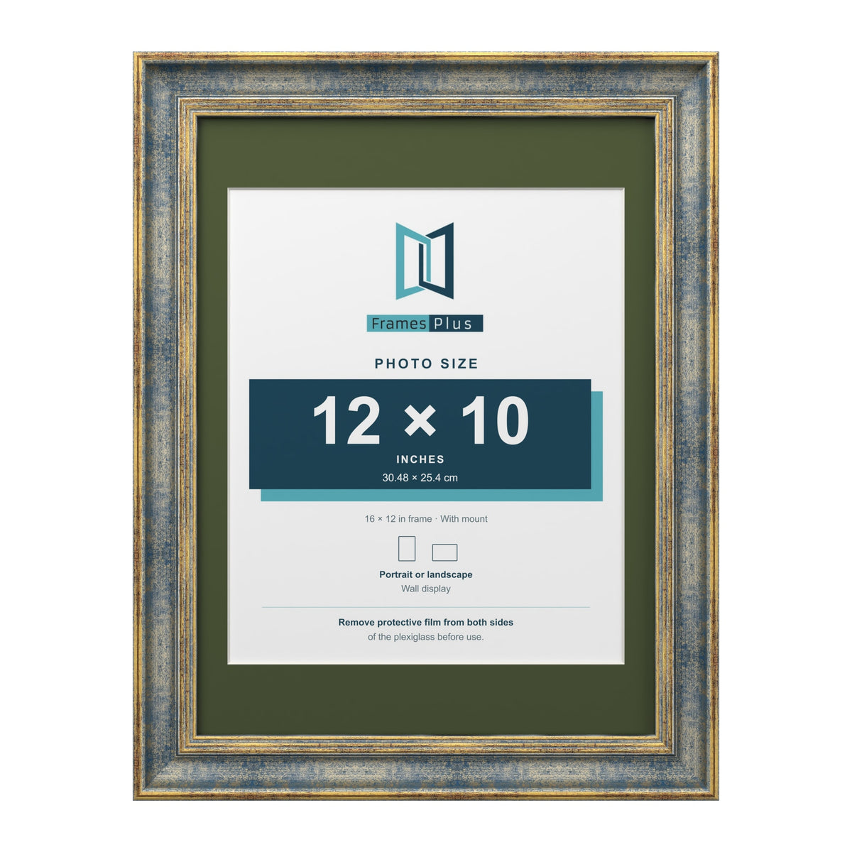 Cassis Blue 16 x 12 inch picture frame with a green mount for a 12 x 10 inch photo