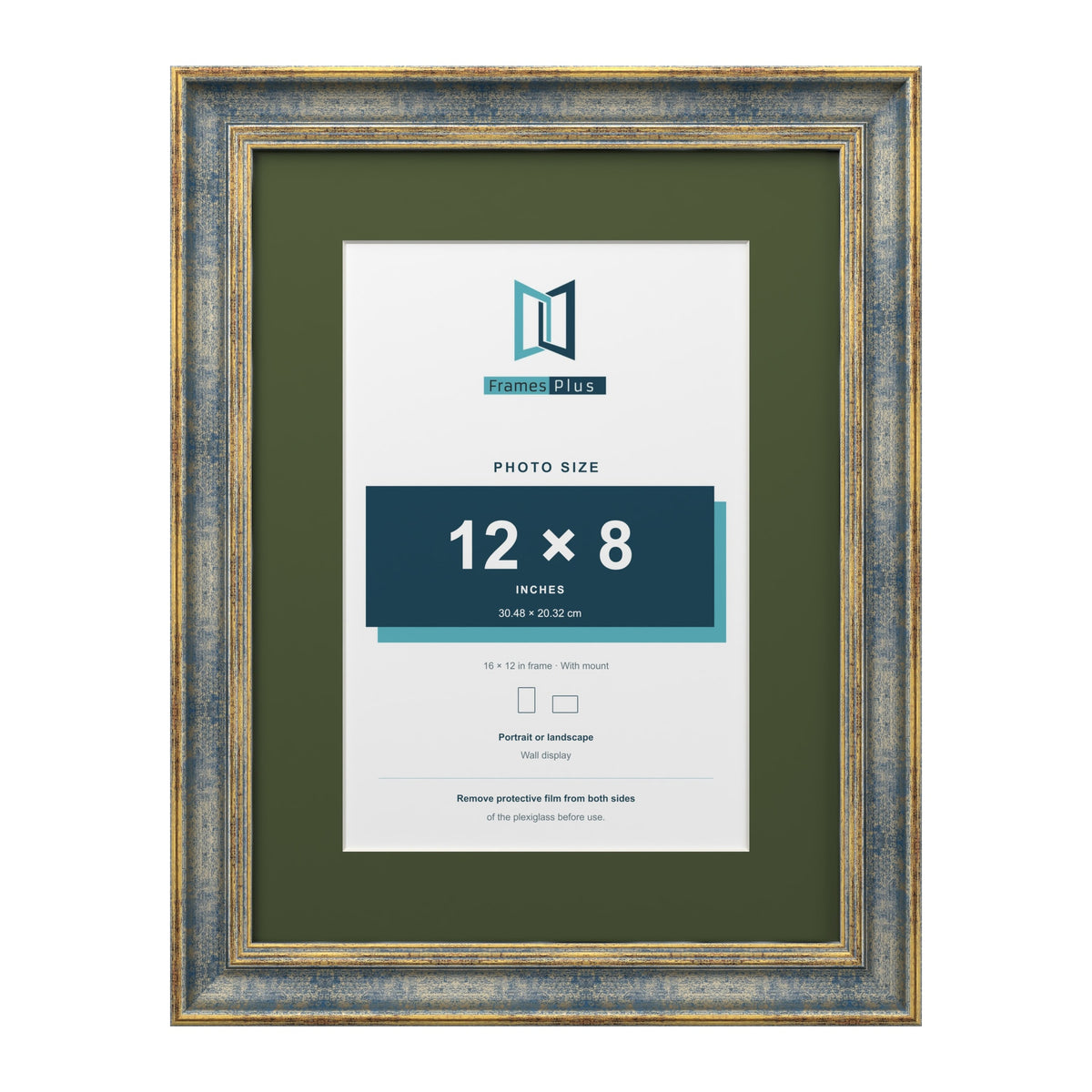 Cassis Blue 16 x 12 inch picture frame with a green mount for a 12 x 8 inch photo