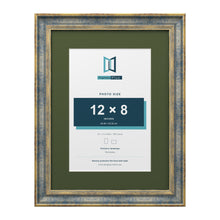 Cassis Blue 16 x 12 inch picture frame with a green mount for a 12 x 8 inch photo