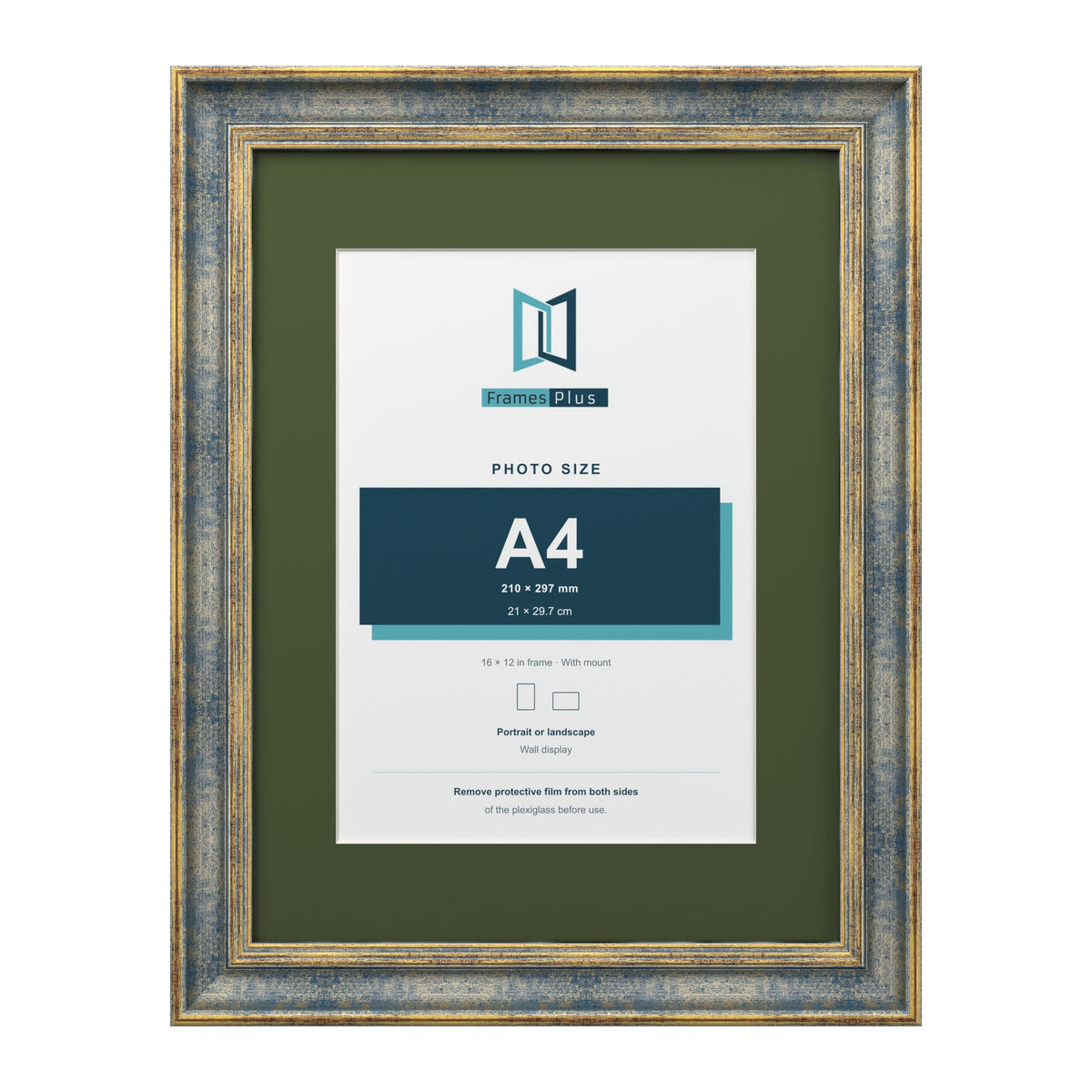 Cassis Blue 16 x 12 inch picture frame with a green mount for an A4 photo