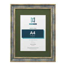 Cassis Blue 16 x 12 inch picture frame with a green mount for an A4 photo