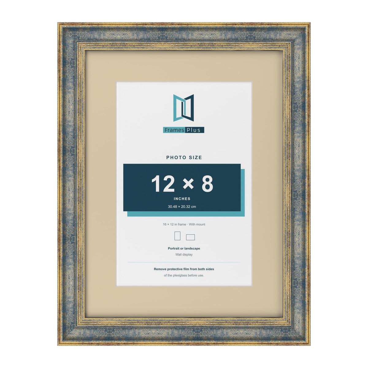 Cassis Blue 16 x 12 inch picture frame with an ivory mount for a 12 x 8 inch photo