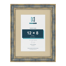 Cassis Blue 16 x 12 inch picture frame with an ivory mount for a 12 x 8 inch photo