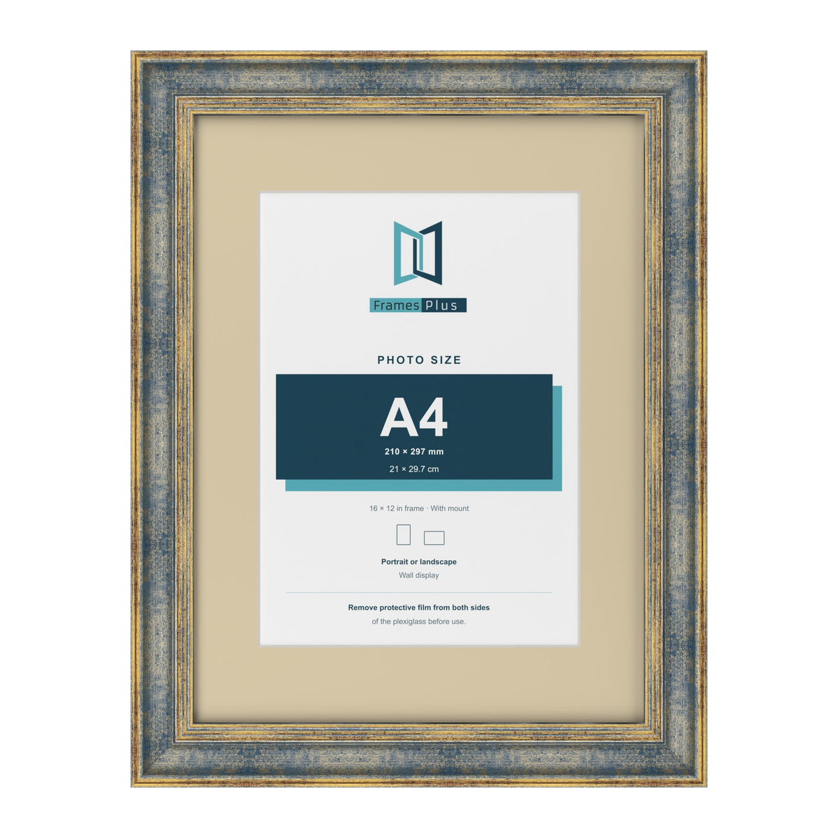 Cassis Blue 16 x 12 inch picture frame with an ivory mount for an A4 photo