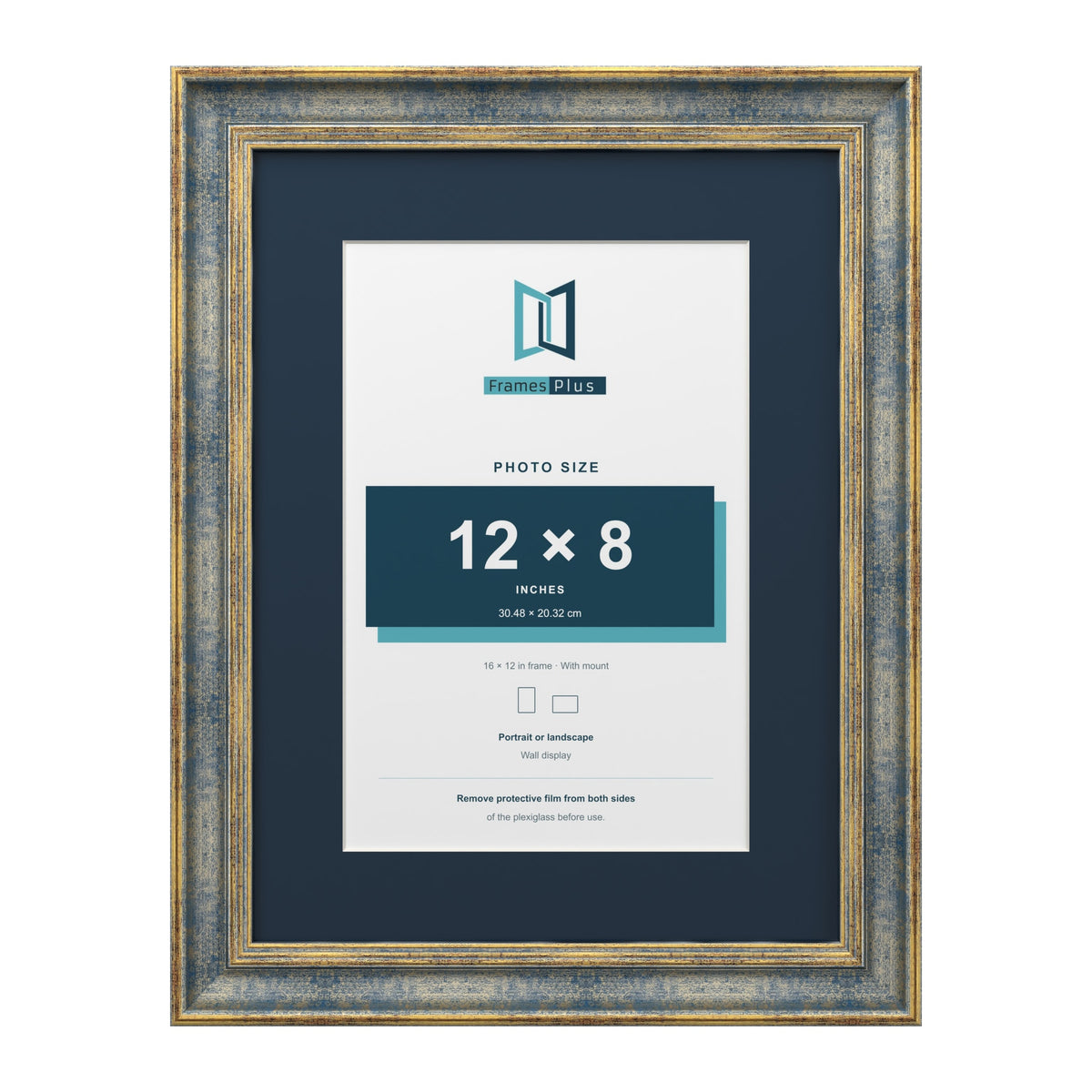 Cassis Blue 16 x 12 inch picture frame with a pacific blue mount for a 12 x 8 inch photo