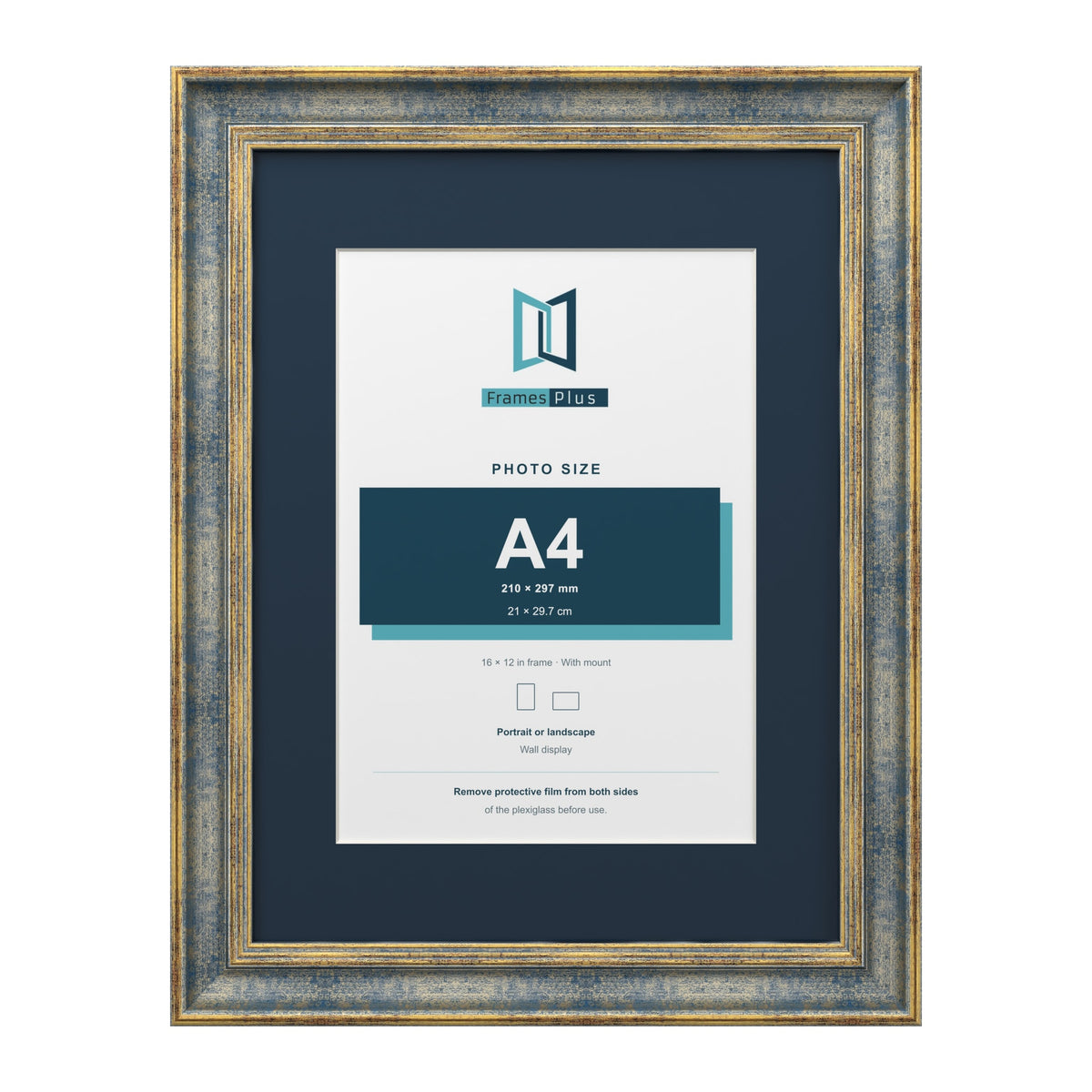 Cassis Blue 16 x 12 inch picture frame with a pacific blue mount for an A4 photo