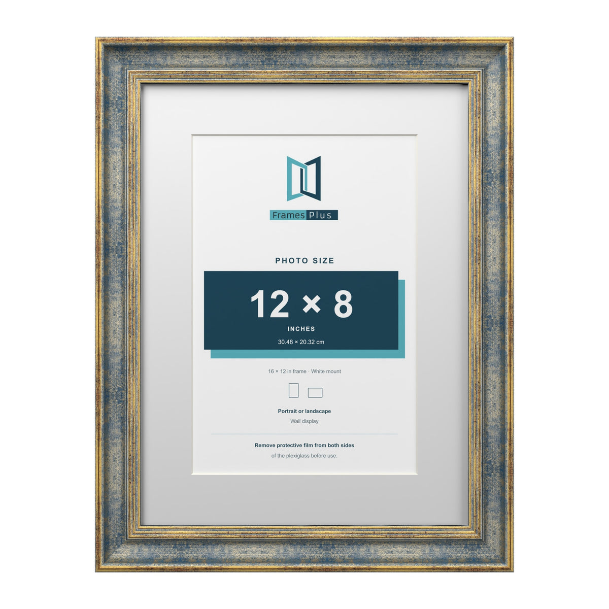 Cassis Blue 16 x 12 inch picture frame with a white mount for a 12 x 8 inch photo