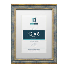 Cassis Blue 16 x 12 inch picture frame with a white mount for a 12 x 8 inch photo