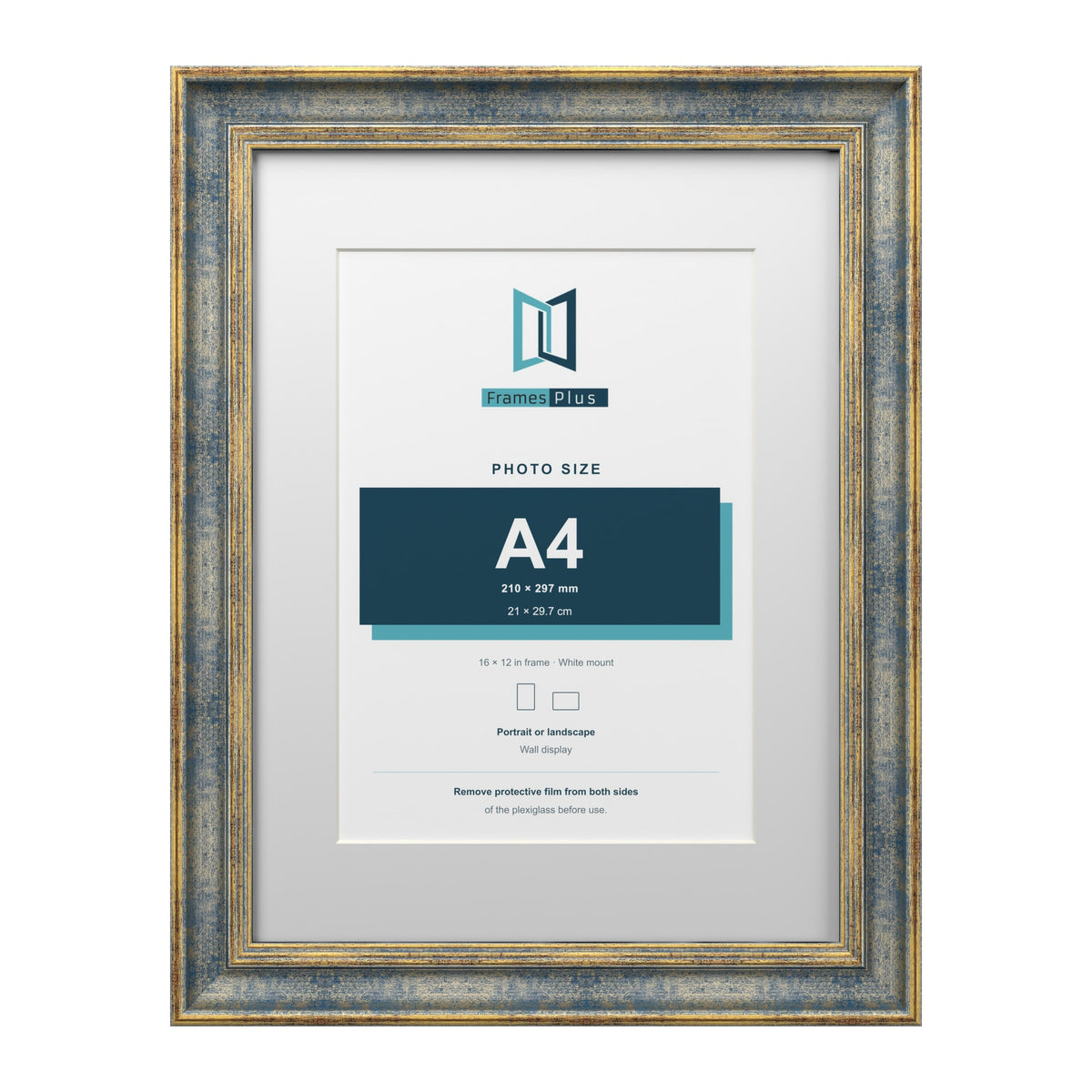 Cassis Blue 16 x 12 inch picture frame with a white mount for an A4 photo