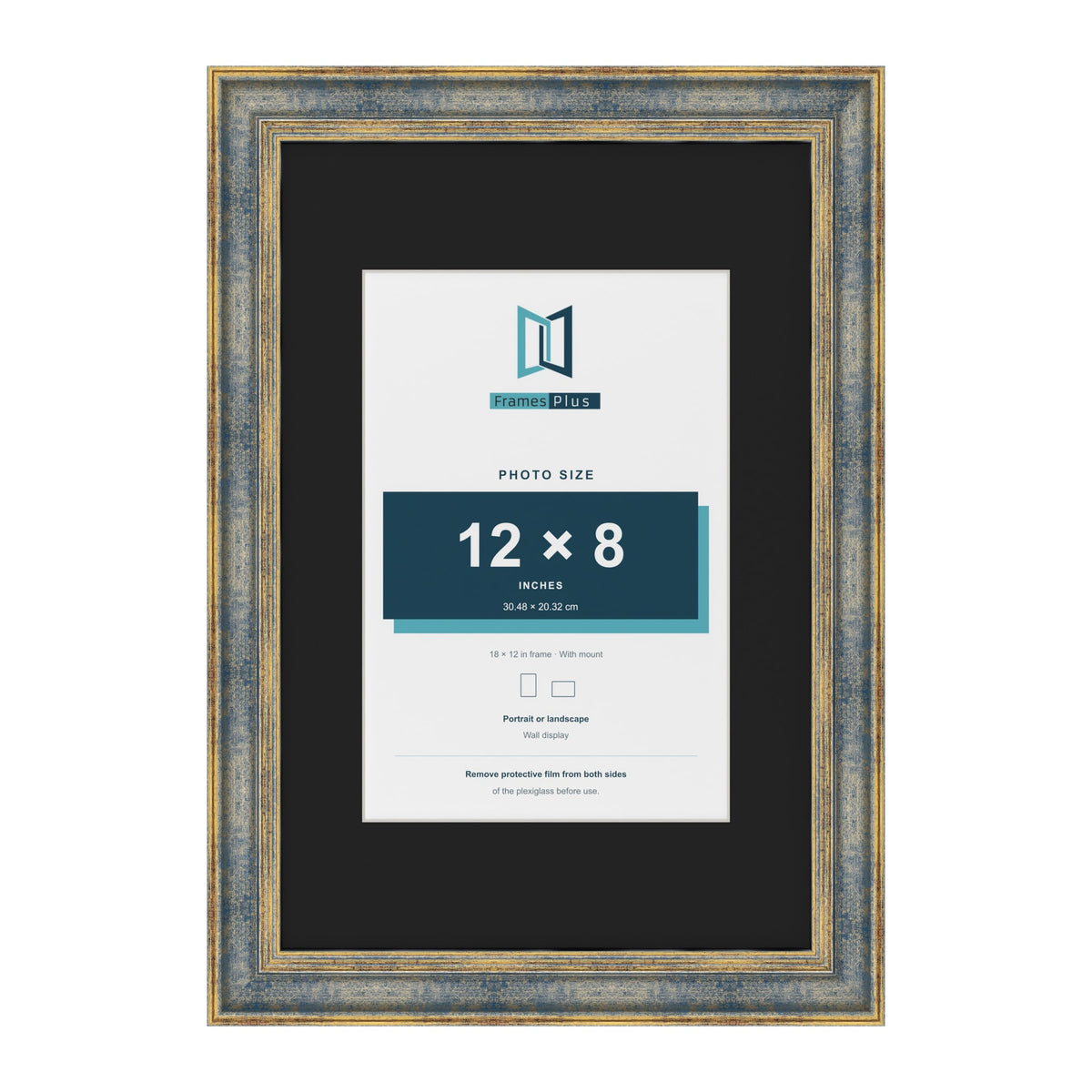 Cassis Blue 18 x 12 inch picture frame with a black mount for a 12 x 8 inch photo