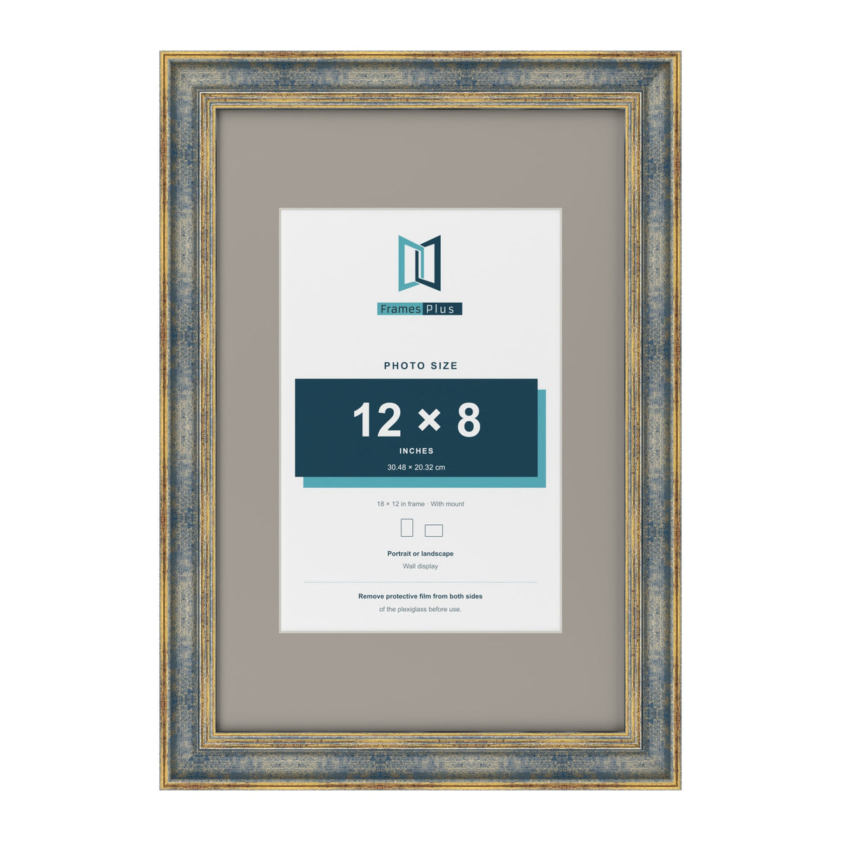 Cassis Blue 18 x 12 inch picture frame with a dawn grey mount for a 12 x 8 inch photo