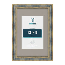 Cassis Blue 18 x 12 inch picture frame with a dawn grey mount for a 12 x 8 inch photo