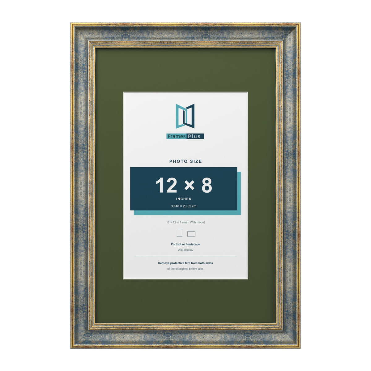 Cassis Blue 18 x 12 inch picture frame with a green mount for a 12 x 8 inch photo