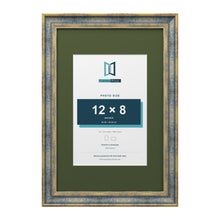 Cassis Blue 18 x 12 inch picture frame with a green mount for a 12 x 8 inch photo
