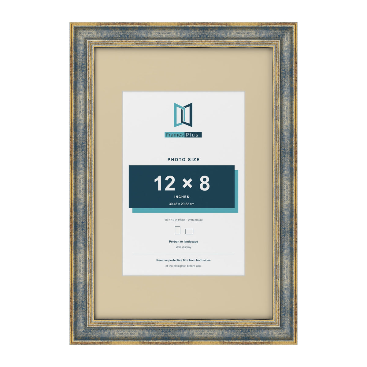 Cassis Blue 18 x 12 inch picture frame with an ivory mount for a 12 x 8 inch photo