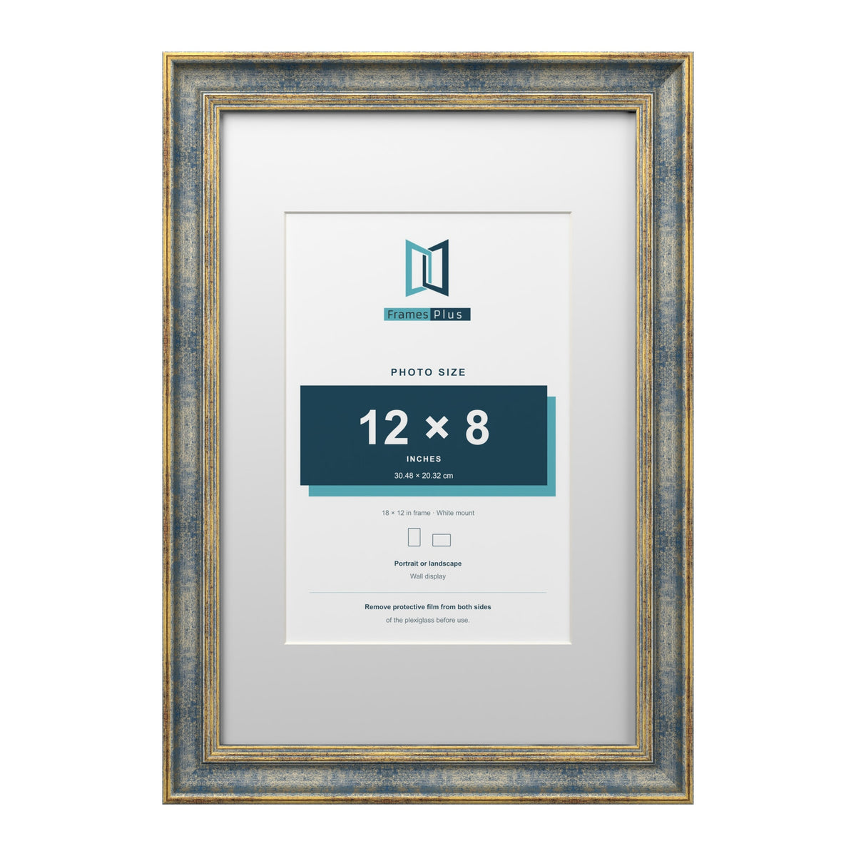 Cassis Blue 18 x 12 inch picture frame with a white mount for a 12 x 8 inch photo