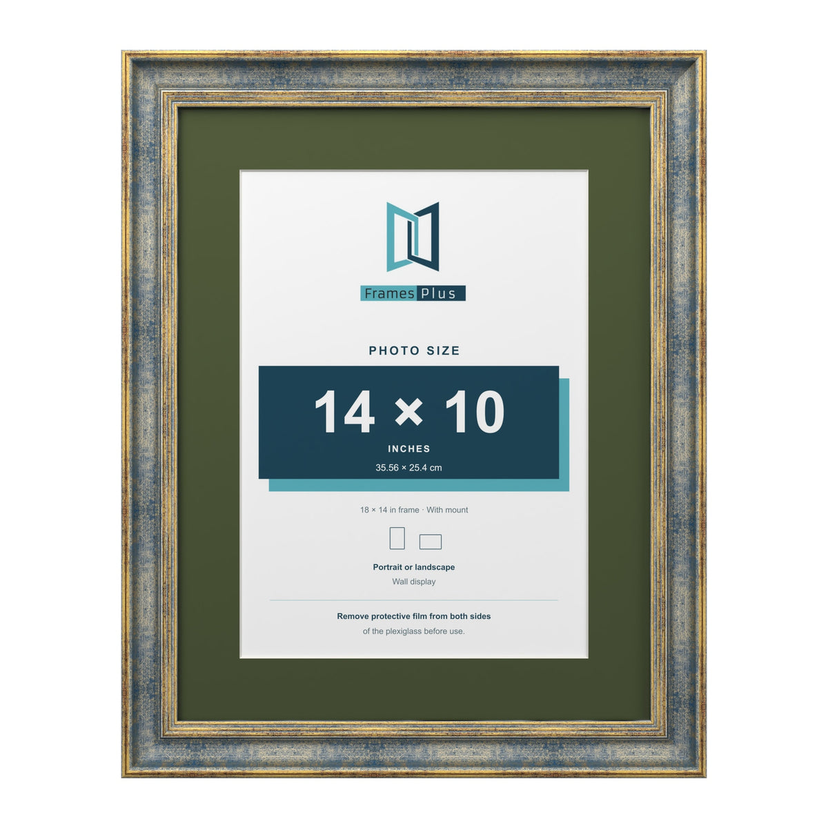 Cassis Blue 18 x 14 inch picture frame with a green mount for a 14 x 10 inch photo