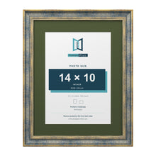 Cassis Blue 18 x 14 inch picture frame with a green mount for a 14 x 10 inch photo