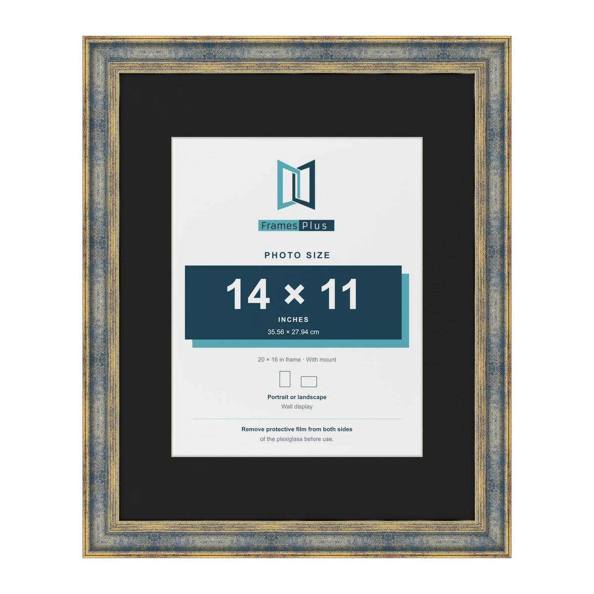 Cassis Blue 20 x 16 inch picture frame with a black mount for a 14 x 11 inch photo