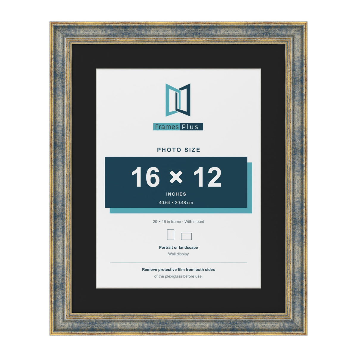 Cassis Blue 20 x 16 inch picture frame with a black mount for a 16 x 12 inch photo