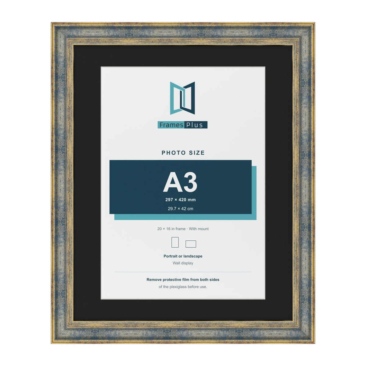 Cassis Blue 20 x 16 inch picture frame with a black mount for an A3 photo