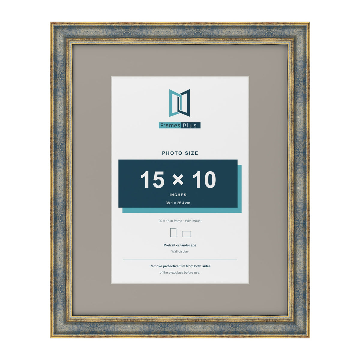 Cassis Blue 20 x 16 inch picture frame with a dawn grey mount for a 15 x 10 inch photo