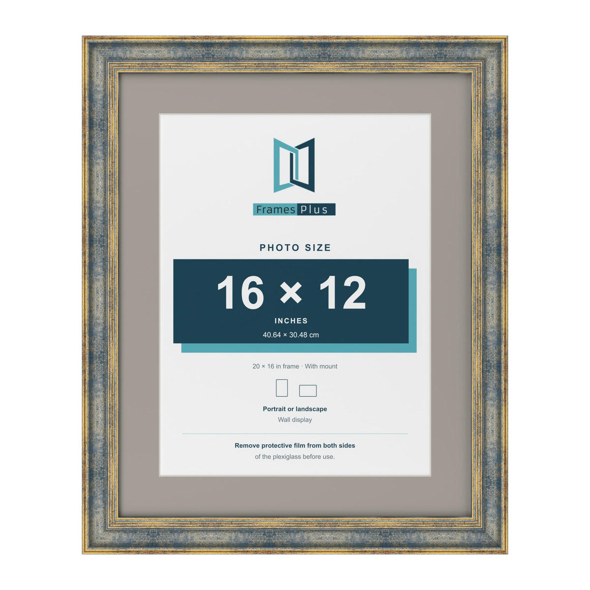 Cassis Blue 20 x 16 inch picture frame with a dawn grey mount for a 16 x 12 inch photo