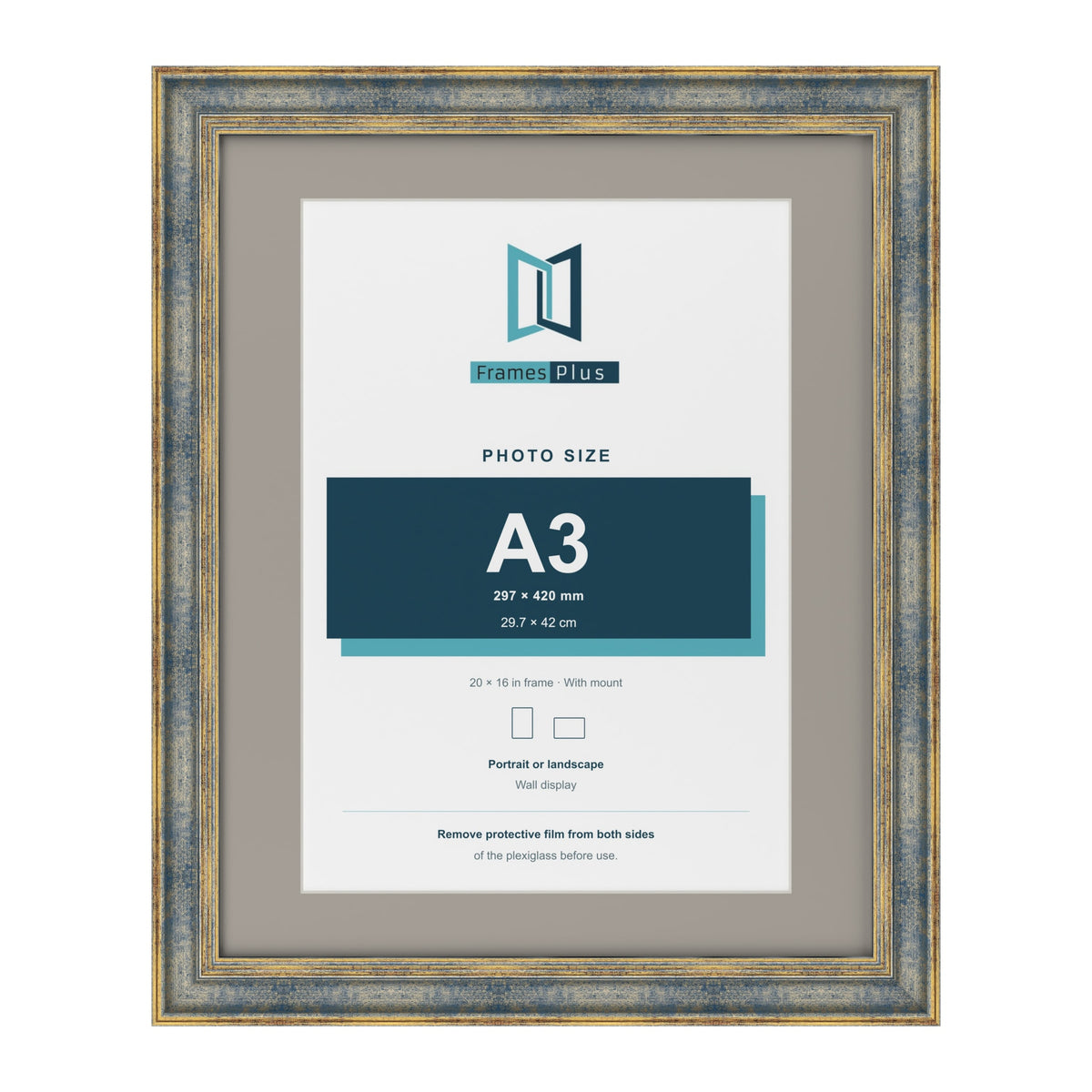 Cassis Blue 20 x 16 inch picture frame with a dawn grey mount for an A3 photo
