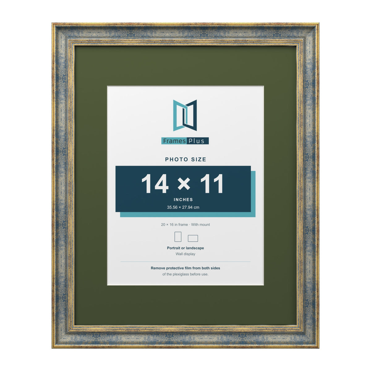 Cassis Blue 20 x 16 inch picture frame with a green mount for a 14 x 11 inch photo