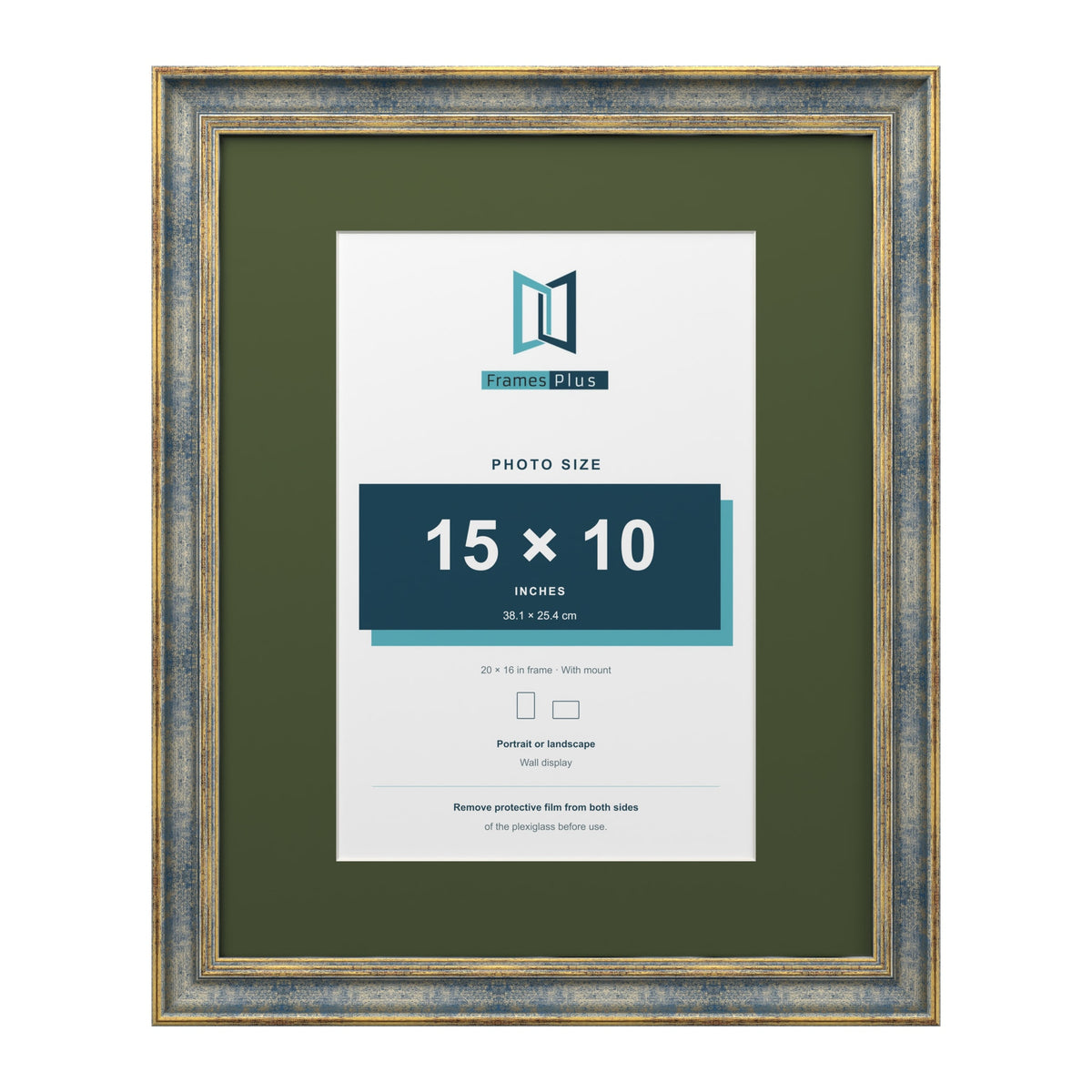 Cassis Blue 20 x 16 inch picture frame with a green mount for a 15 x 10 inch photo