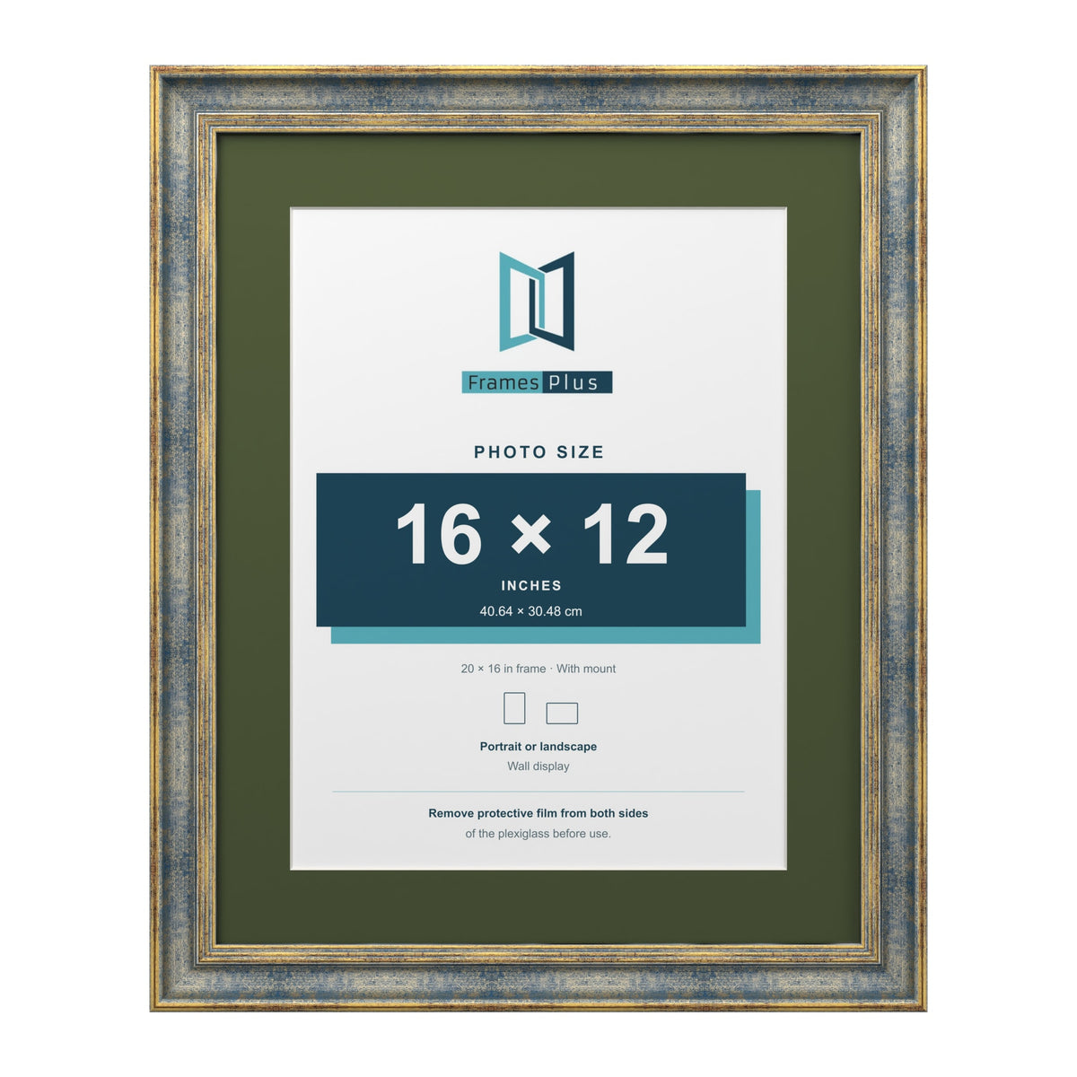 Cassis Blue 20 x 16 inch picture frame with a green mount for a 16 x 12 inch photo