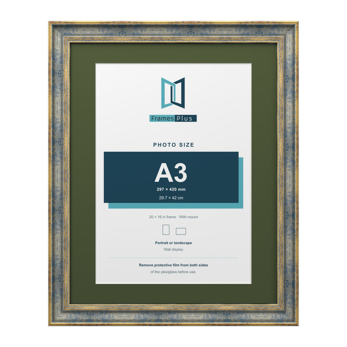 Cassis Blue 20 x 16 inch picture frame with a green mount for an A3 photo