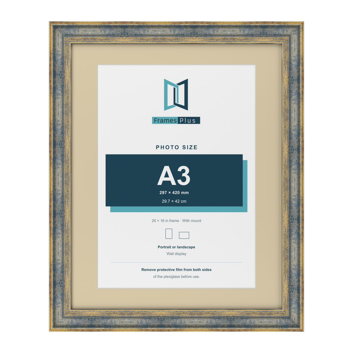 Cassis Blue 20 x 16 inch picture frame with an ivory mount for an A3 photo