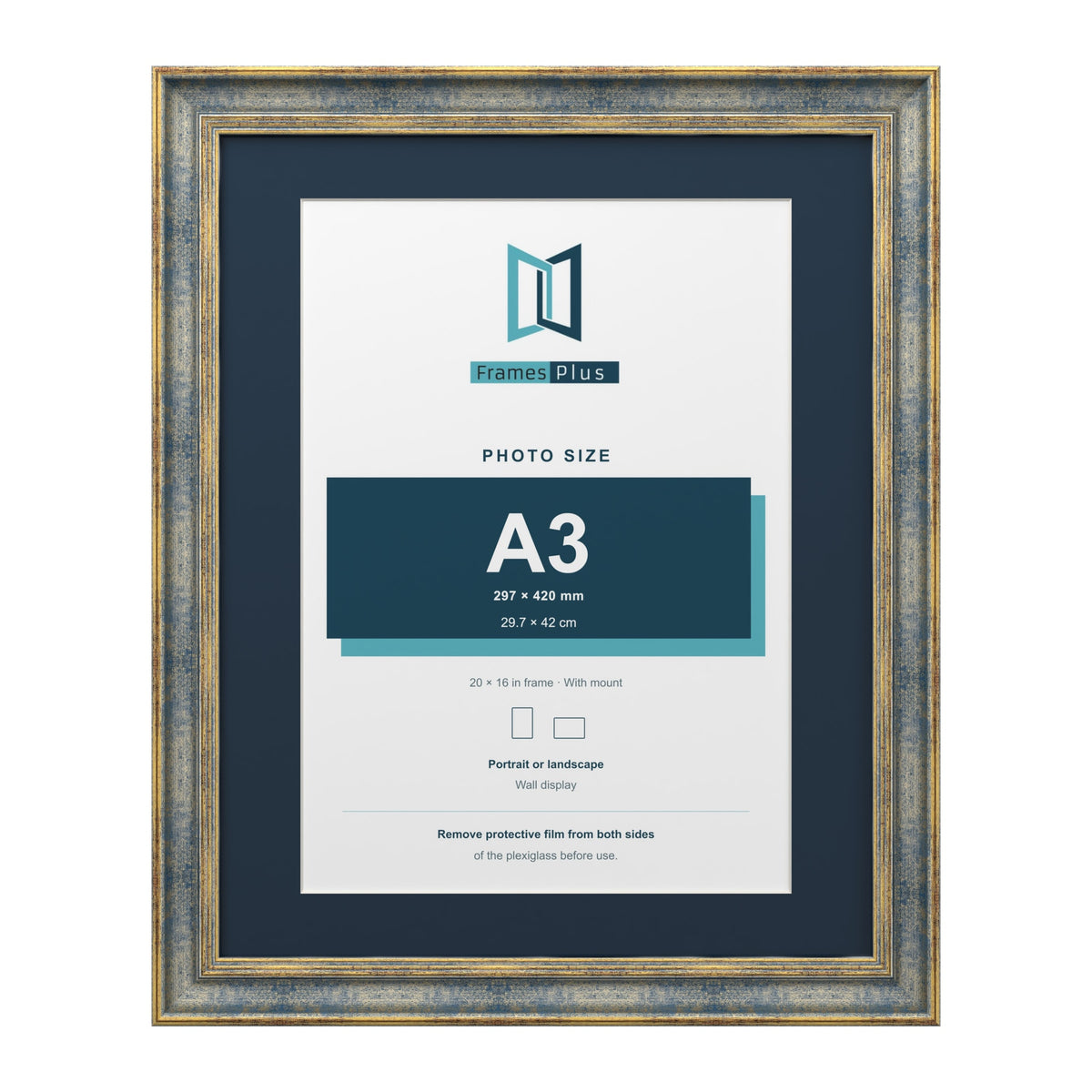 Cassis Blue 20 x 16 inch picture frame with a pacific blue mount for an A3 photo