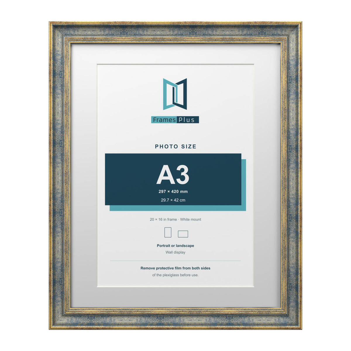 Cassis Blue 20 x 16 inch picture frame with a white mount for an A3 photo