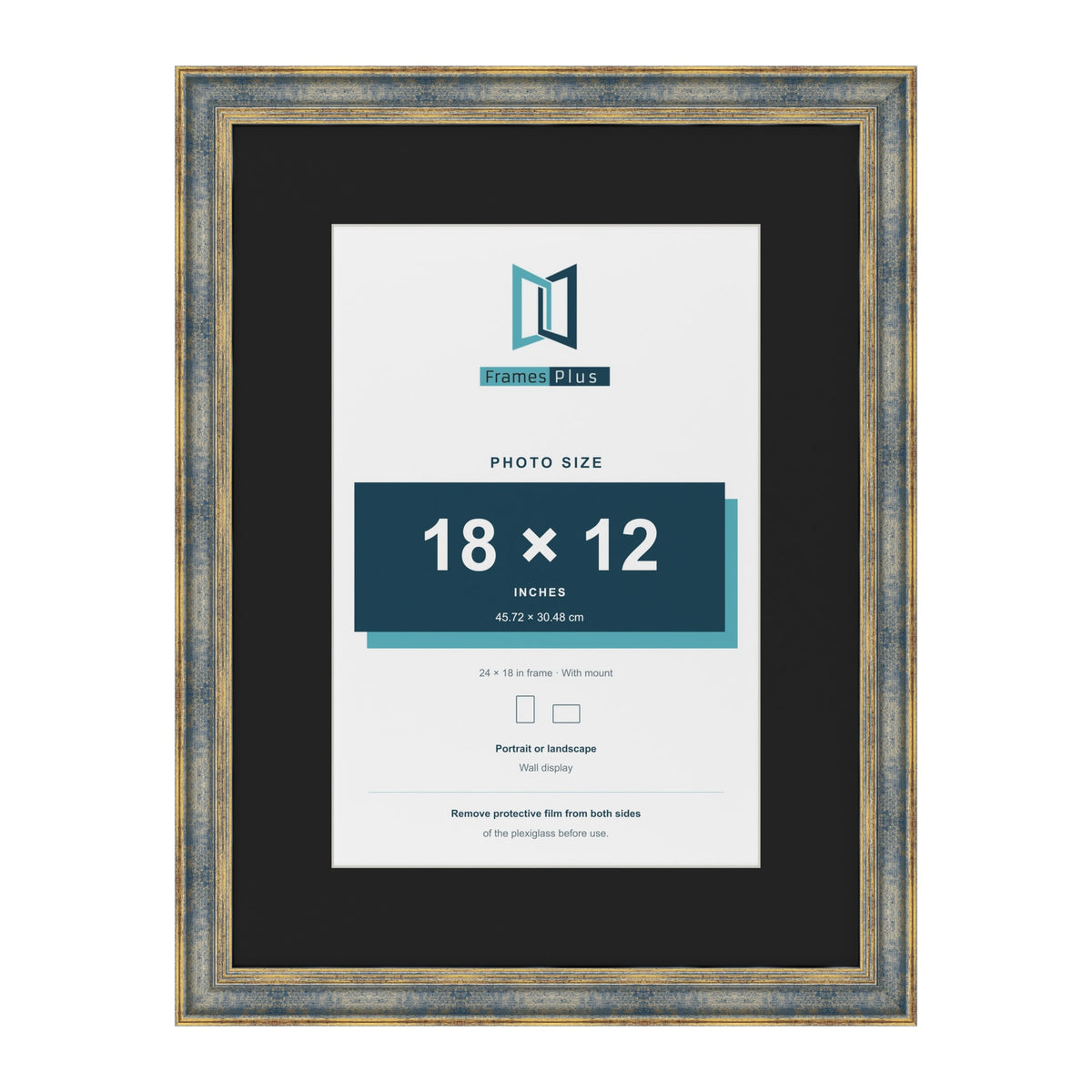 Cassis Blue 24 x 18 inch picture frame with a black mount for an 18 x 12 inch photo