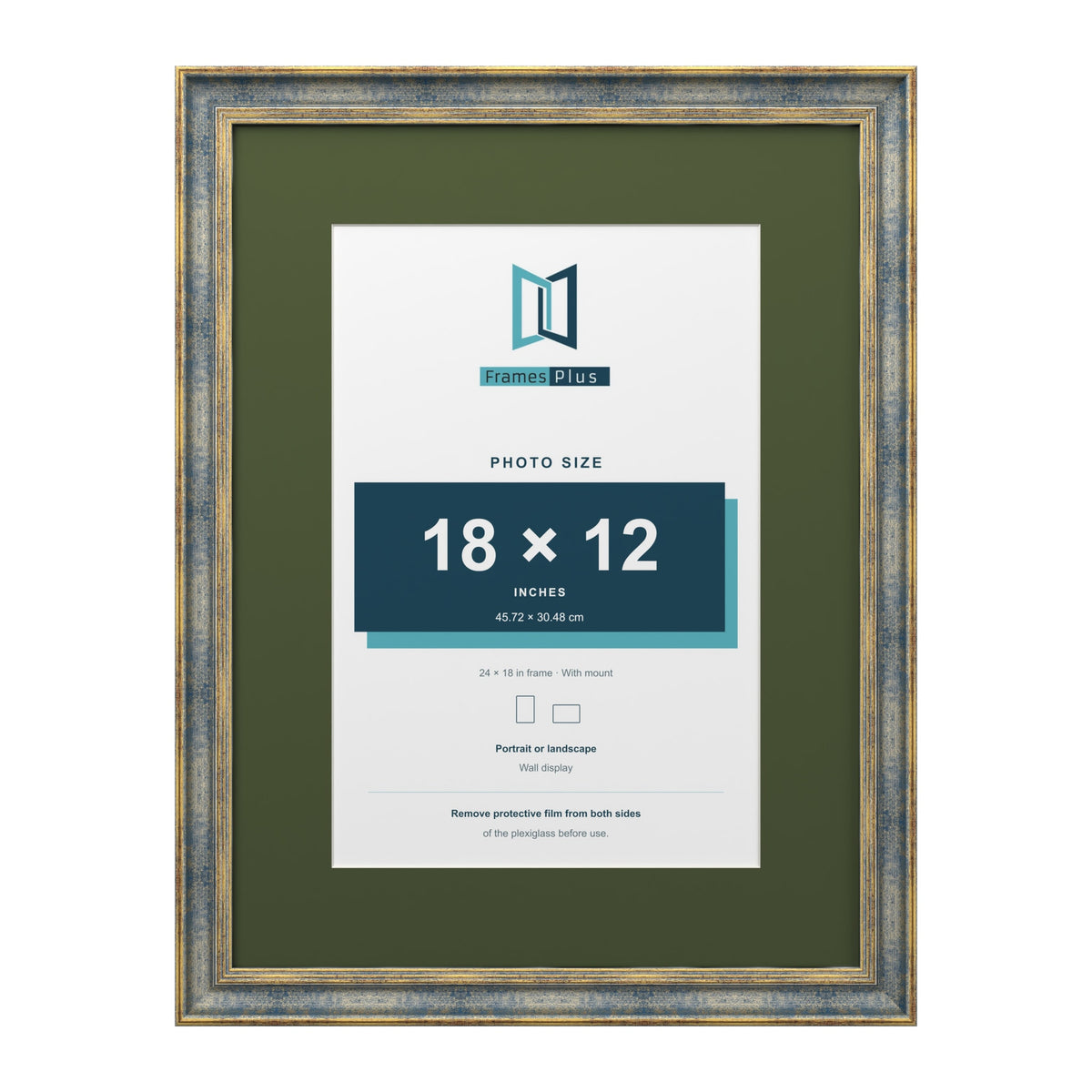 Cassis Blue 24 x 18 inch picture frame with a green mount for an 18 x 12 inch photo