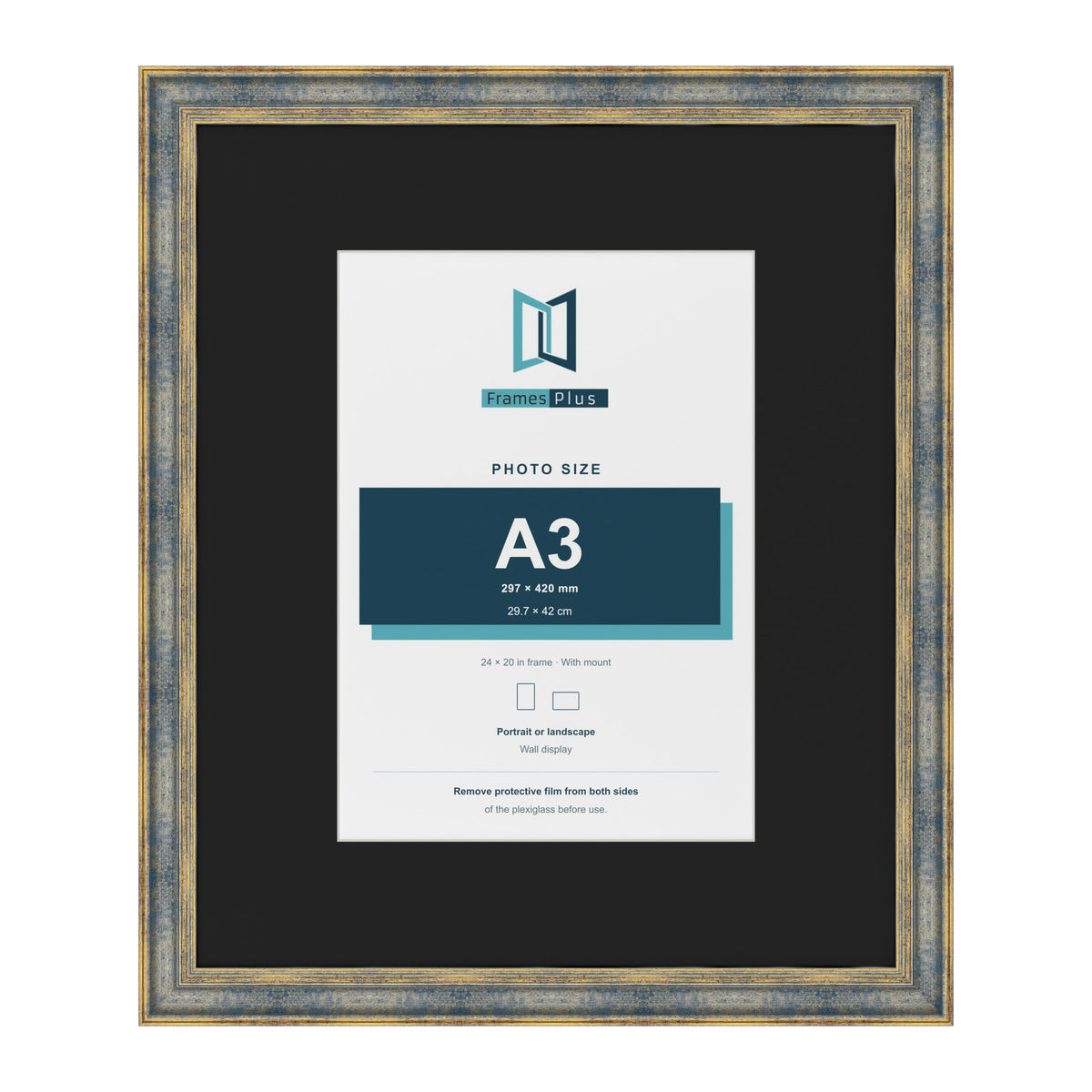 Cassis Blue 24 x 20 inch picture frame with a black mount for an A3 photo