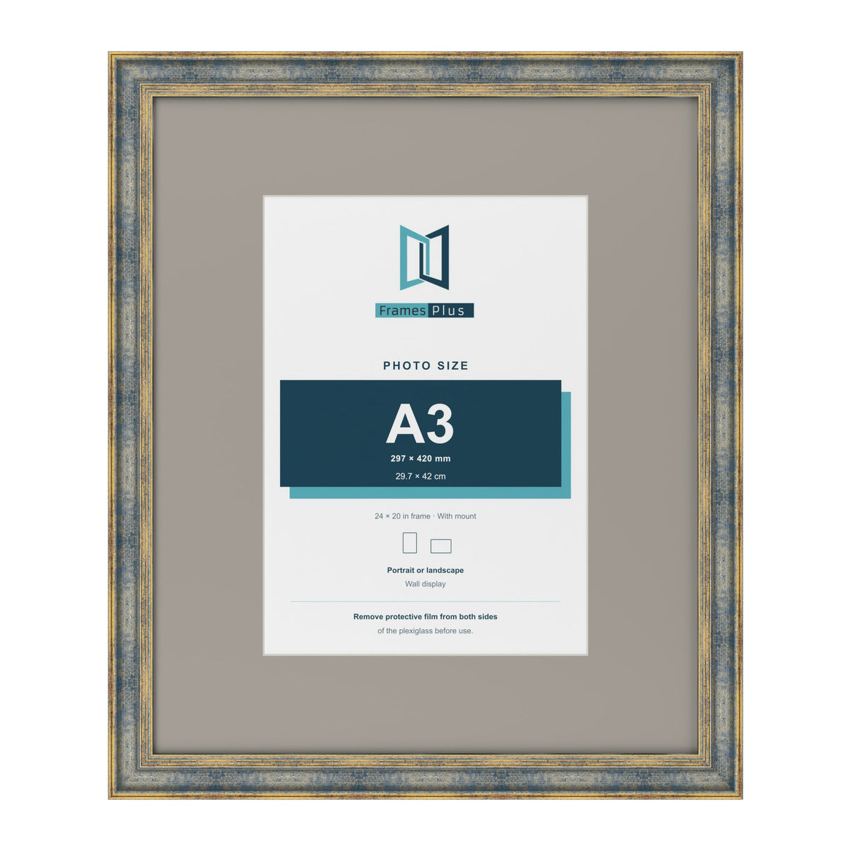Cassis Blue 24 x 20 inch picture frame with a dawn grey mount for an A3 photo