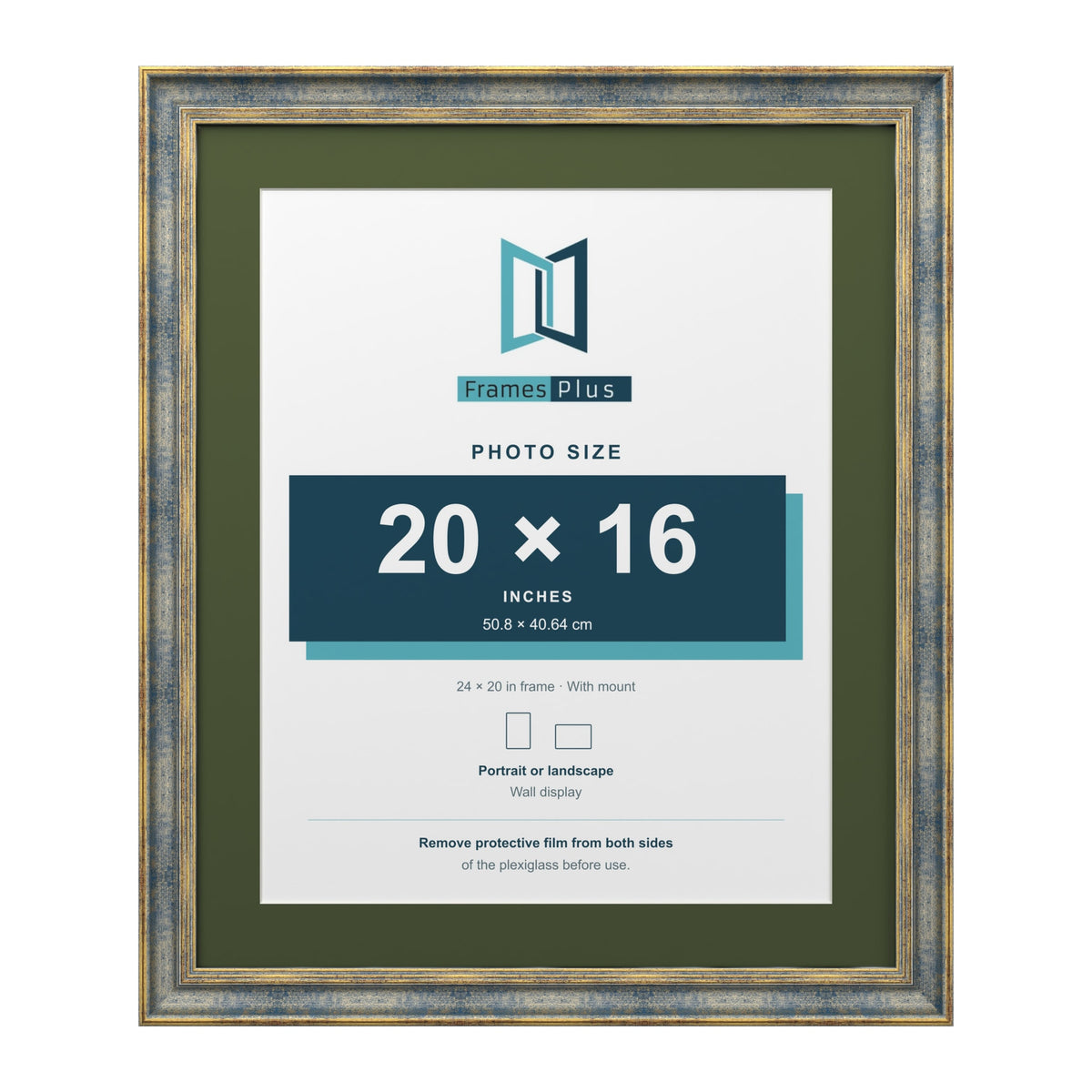 Cassis Blue 24 x 20 inch picture frame with a green mount for a 20 x 16 inch photo