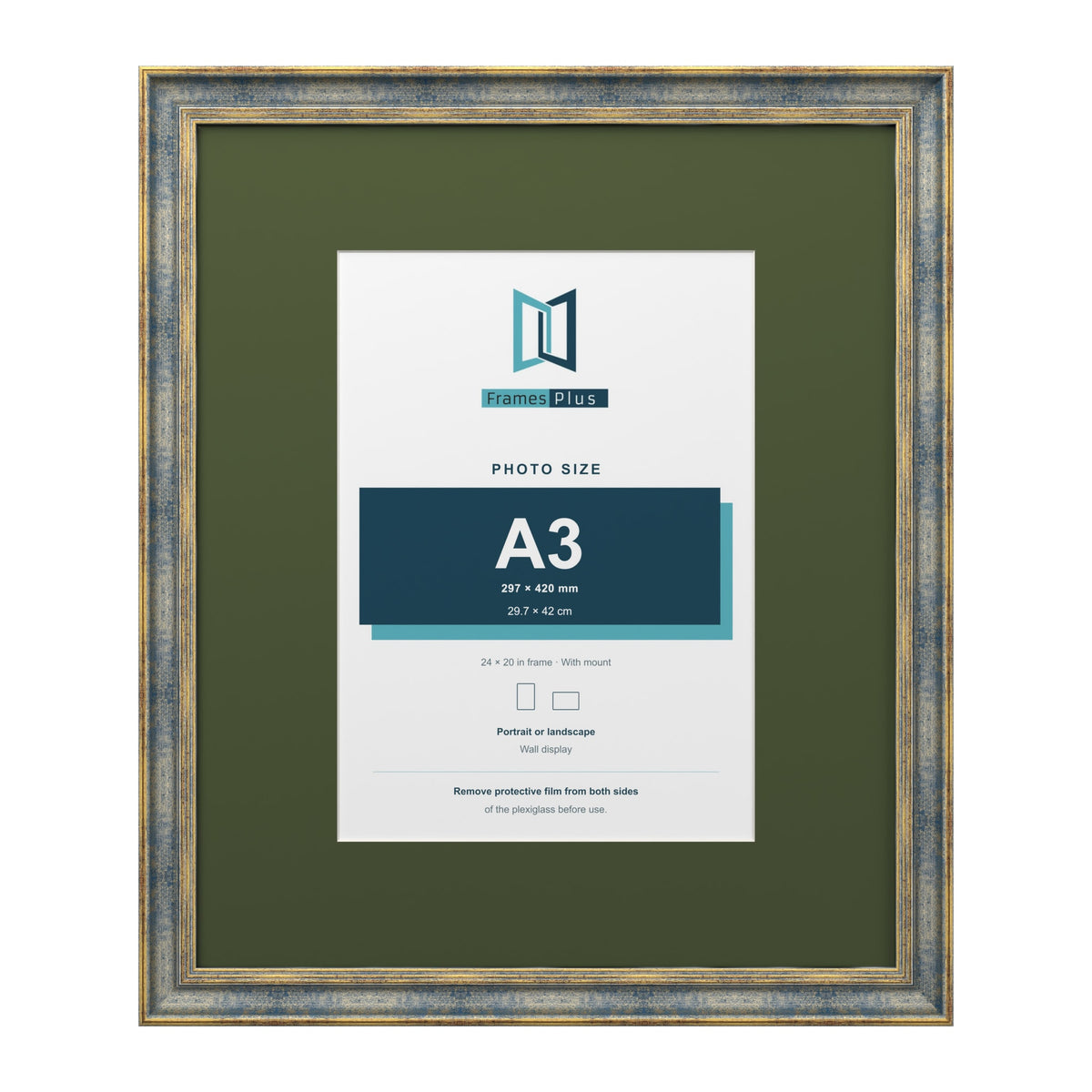 Cassis Blue 24 x 20 inch picture frame with a green mount for an A3 photo