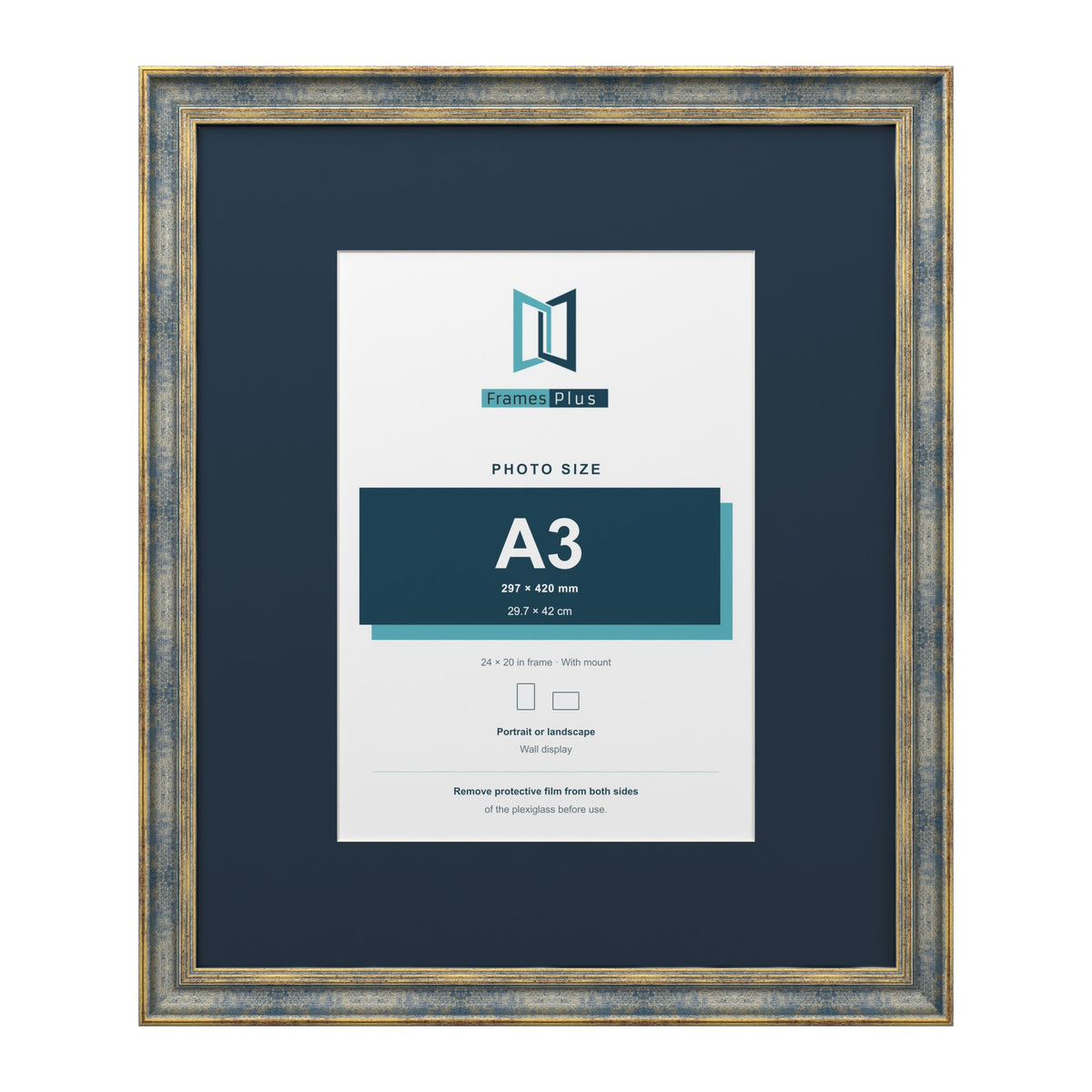 Cassis Blue 24 x 20 inch picture frame with a pacific blue mount for an A3 photo