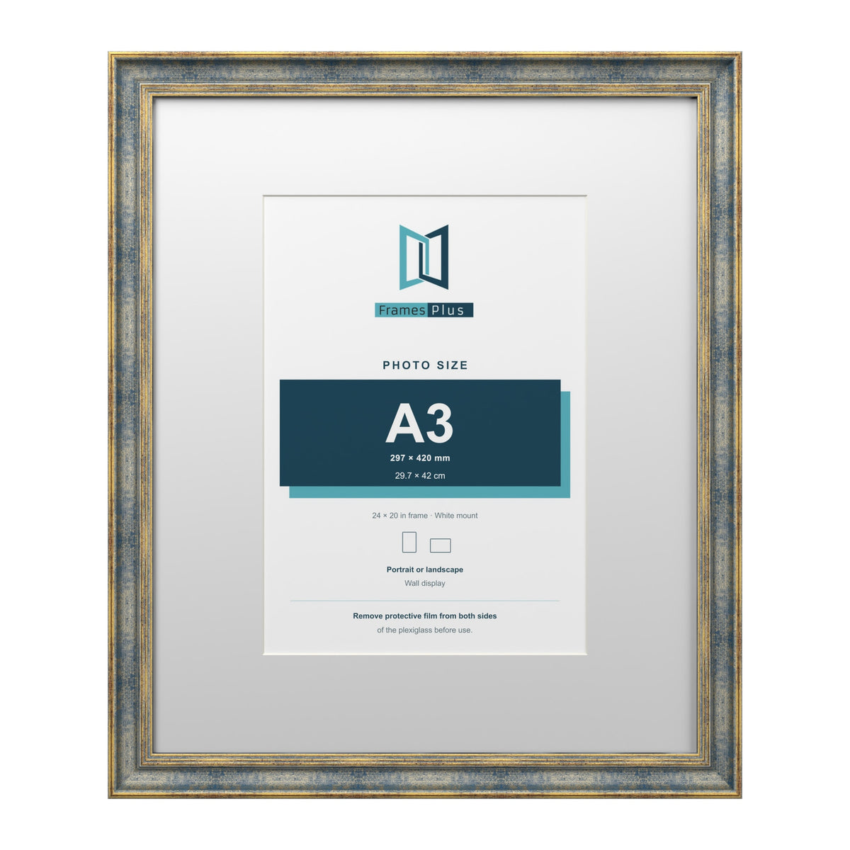 Cassis Blue 24 x 20 inch picture frame with a white mount for an A3 photo